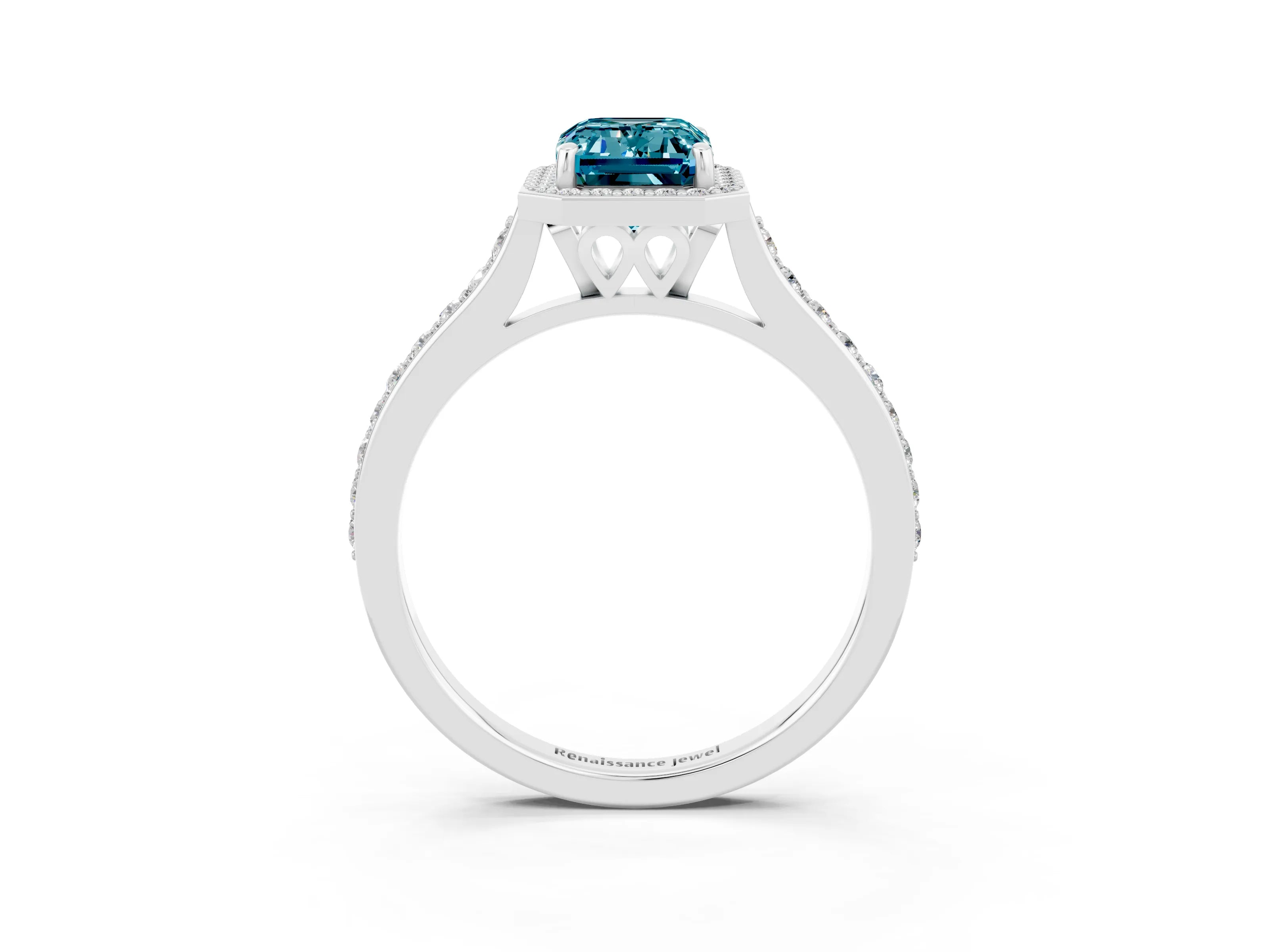 White gold Emerald Cut Halo Round Diamond Pavé Band with Four-Prong Setting_3