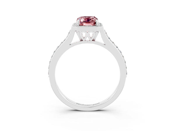 Silver Emerald Cut Halo Round Diamond Pavé Band with Four-Prong Setting