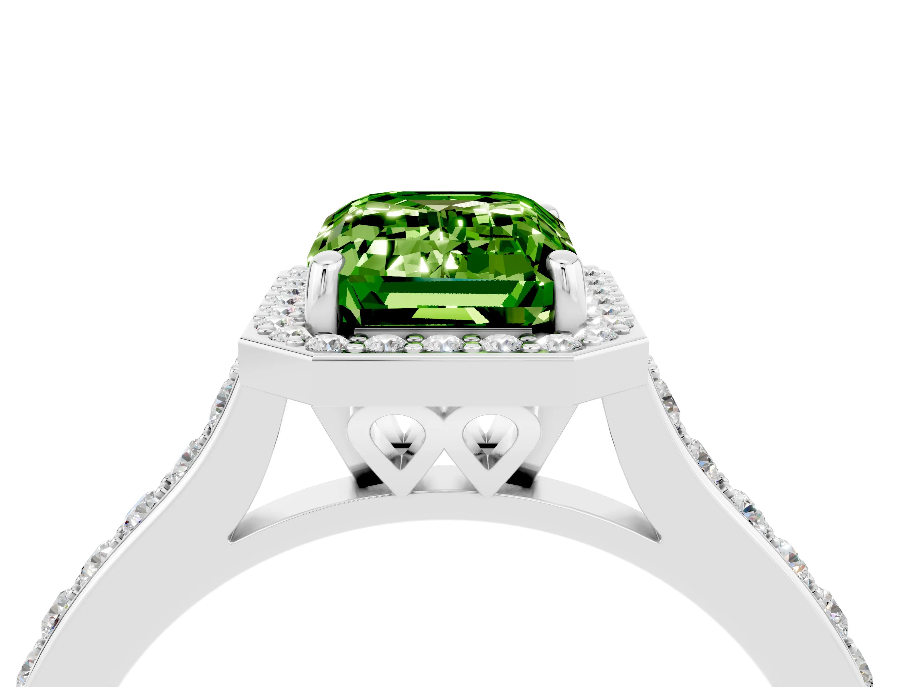 White gold Emerald Cut Halo Round Diamond Pavé Band with Four-Prong Setting_4