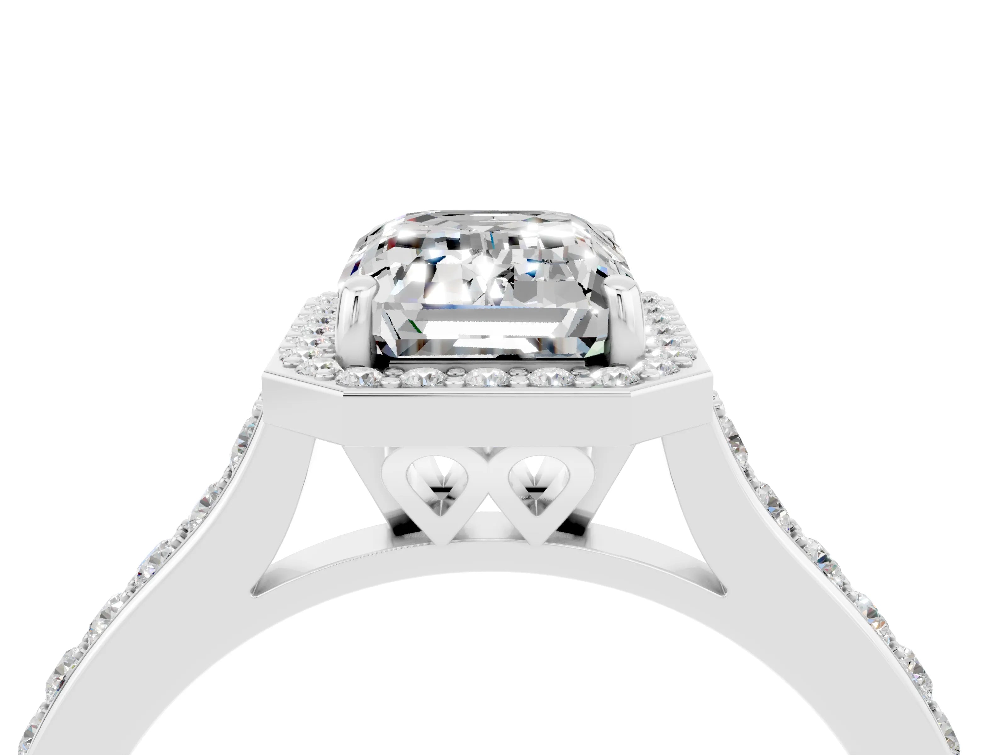 White gold Emerald Cut Halo Round Diamond Pavé Band with Four-Prong Setting_4