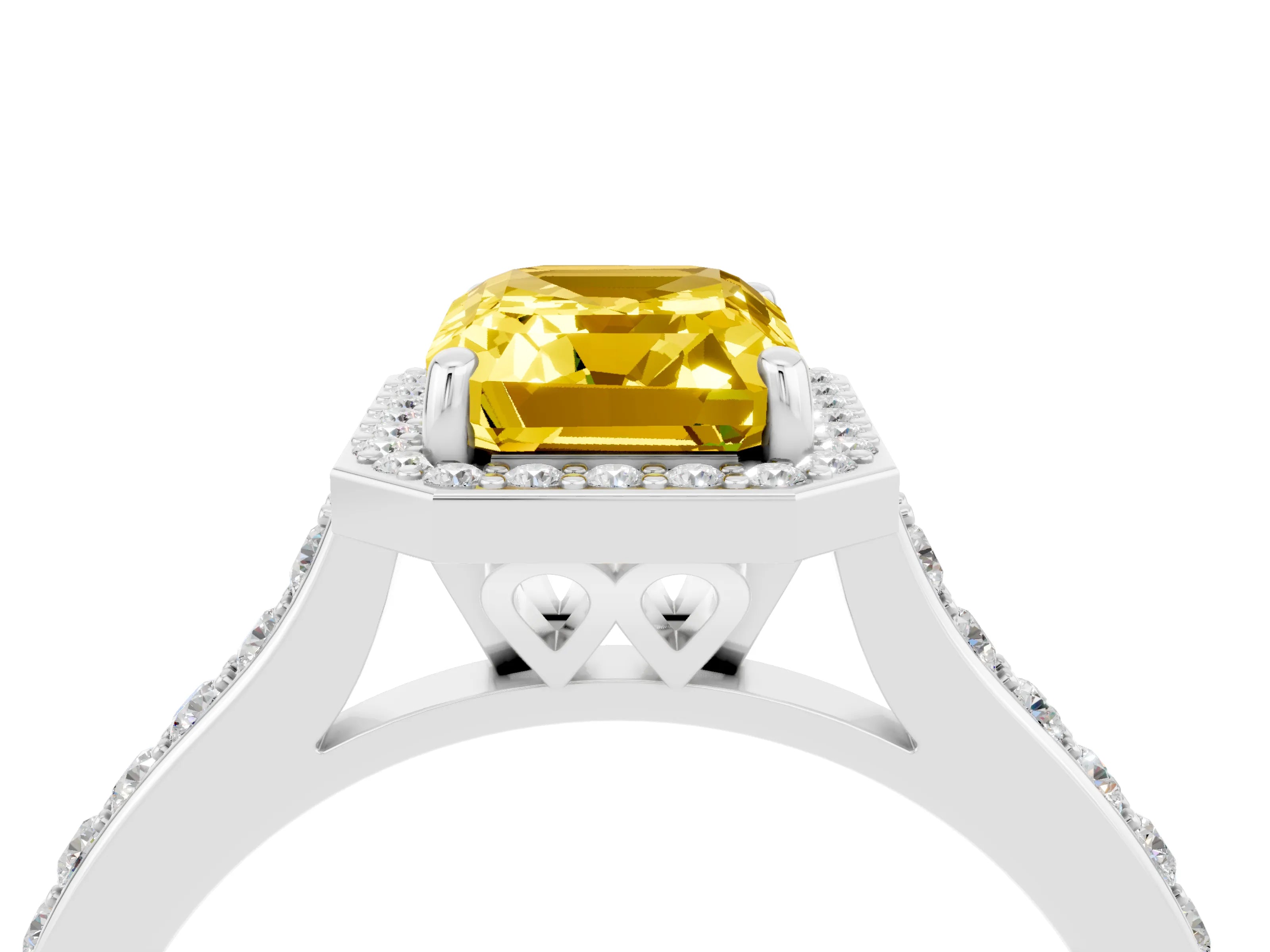 White gold Emerald Cut Halo Round Diamond Pavé Band with Four-Prong Setting_4