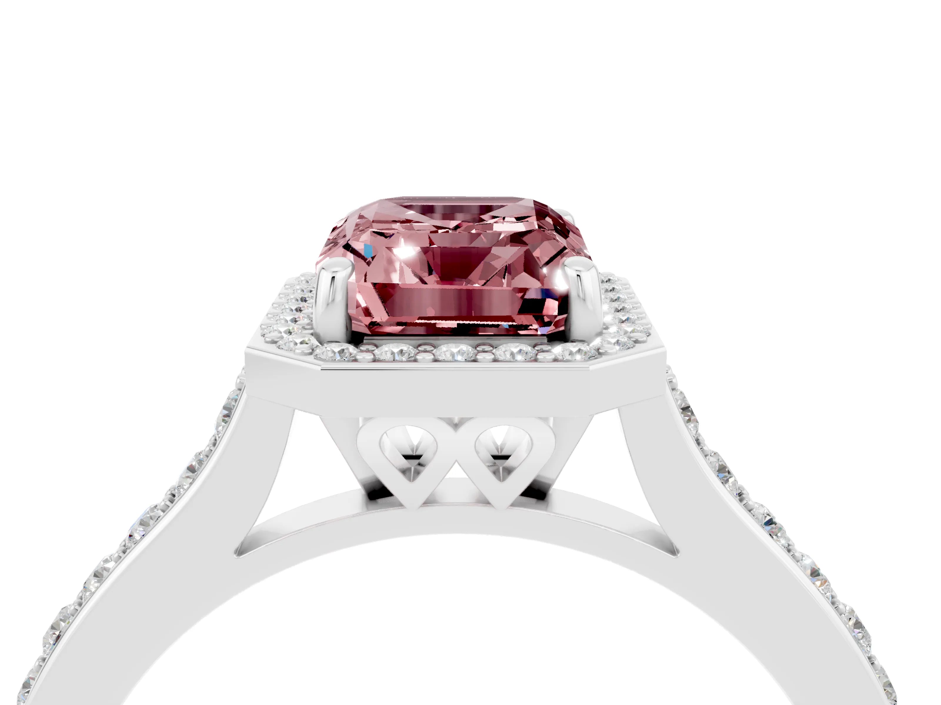 White gold Emerald Cut Halo Round Diamond Pavé Band with Four-Prong Setting_4