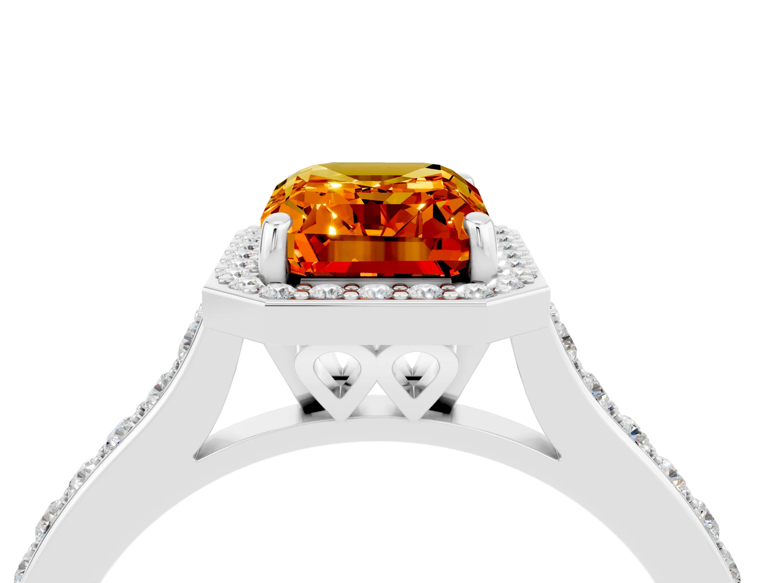 White gold Emerald Cut Halo Round Diamond Pavé Band with Four-Prong Setting_4