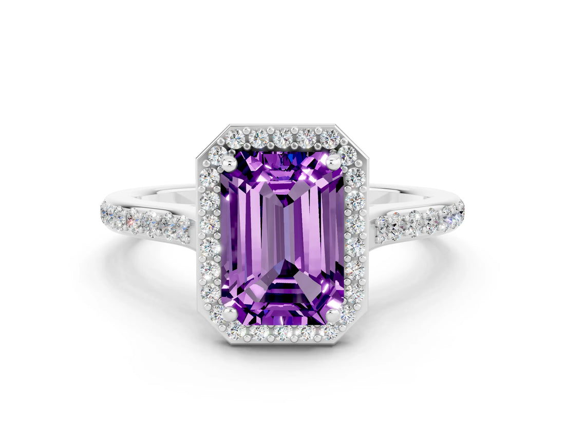 White gold Emerald Cut Halo Round Diamond Pavé Band with Four-Prong Setting