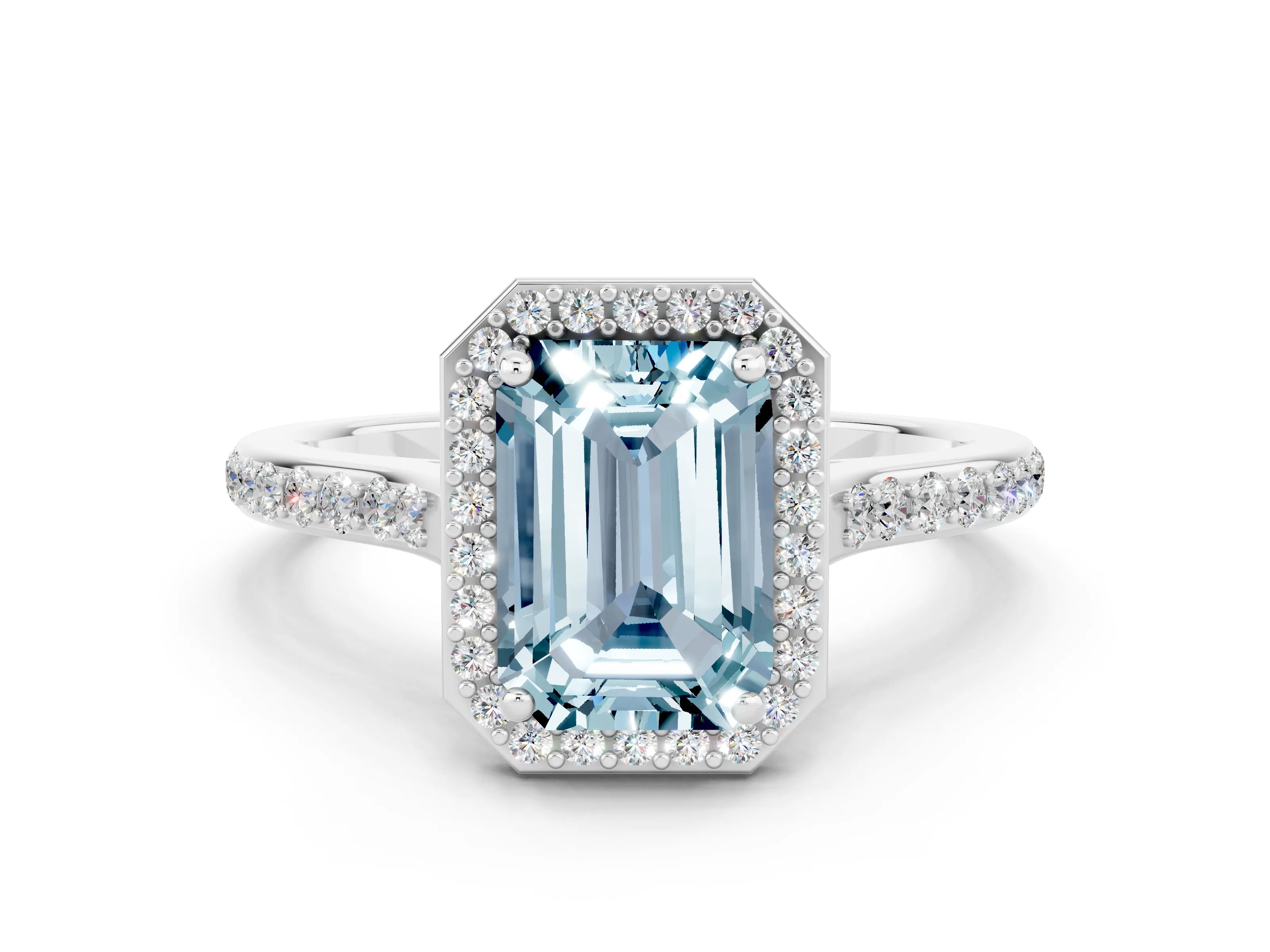 White gold Emerald Cut Halo Round Diamond Pavé Band with Four-Prong Setting