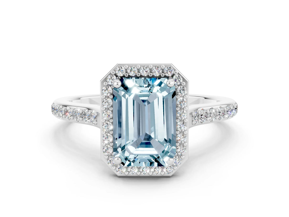 White gold Emerald Cut Halo Round Diamond Pavé Band with Four-Prong Setting
