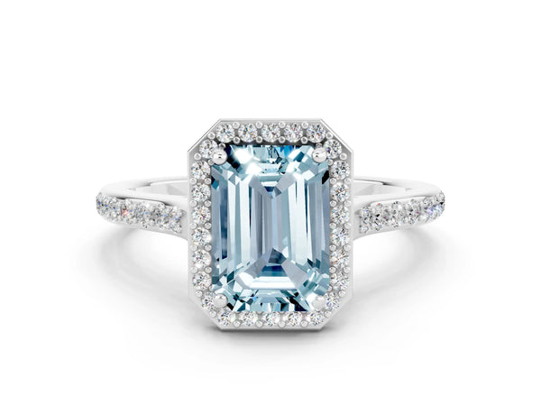 White gold Emerald Cut Aquamarine Halo Engagement Ring with Round Pavé Shoulders and Prong Setting
