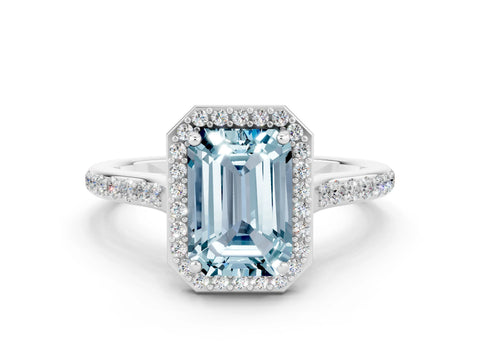 White gold Emerald Cut Halo Round Diamond Pavé Band with Four-Prong Setting