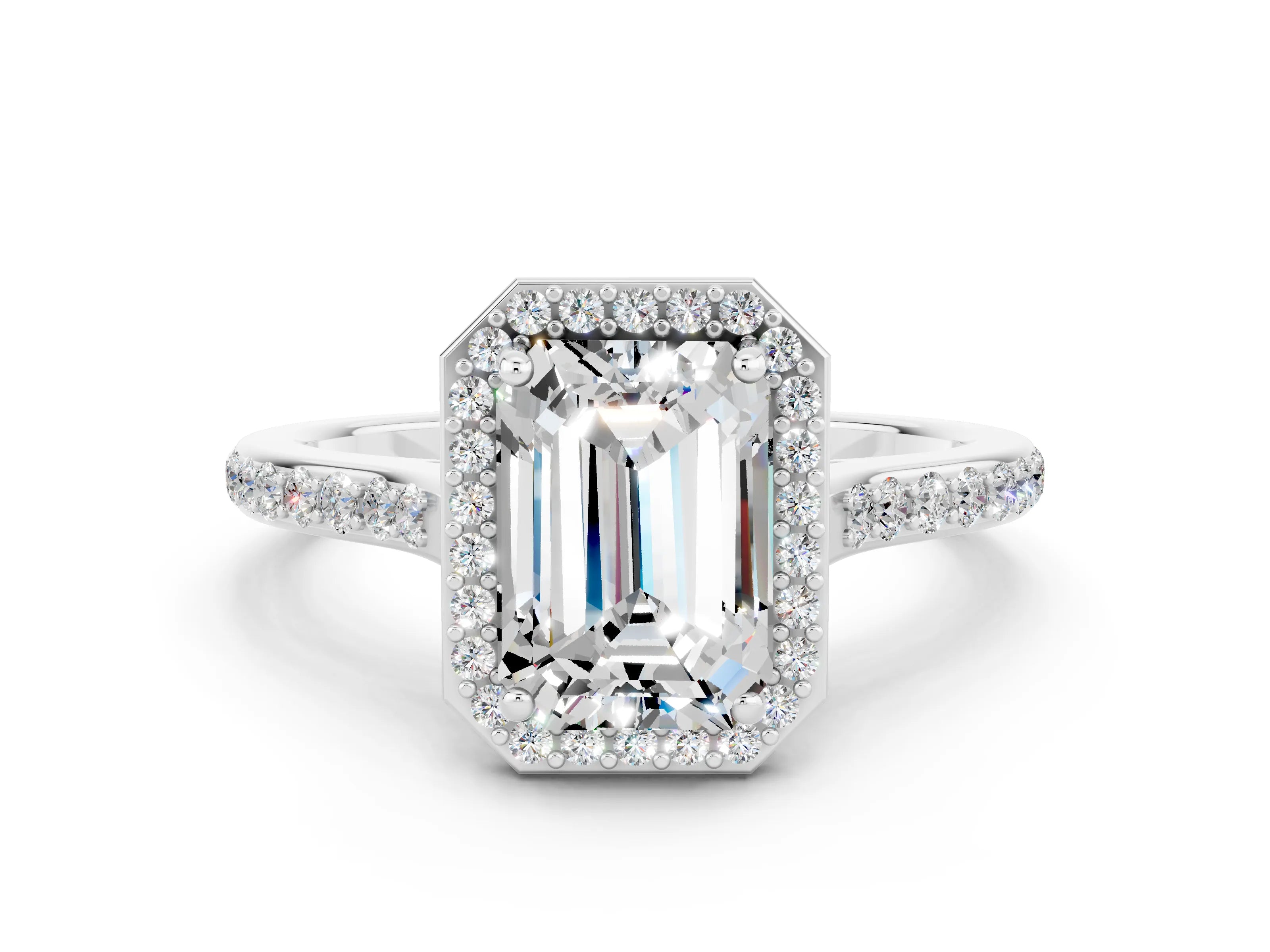 White gold Emerald Cut Halo Round Diamond Pavé Band with Four-Prong Setting