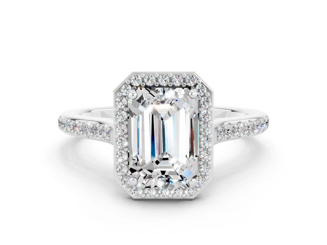 White gold Emerald Cut Halo Round Diamond Pavé Band with Four-Prong Setting