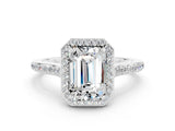 White gold Emerald Cut Halo Round Diamond Pavé Band with Four-Prong Setting