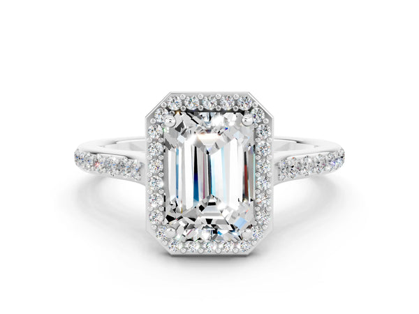 Silver Emerald Cut Moissanite Halo Engagement Ring with Round Pavé Shoulders and Prong Setting
