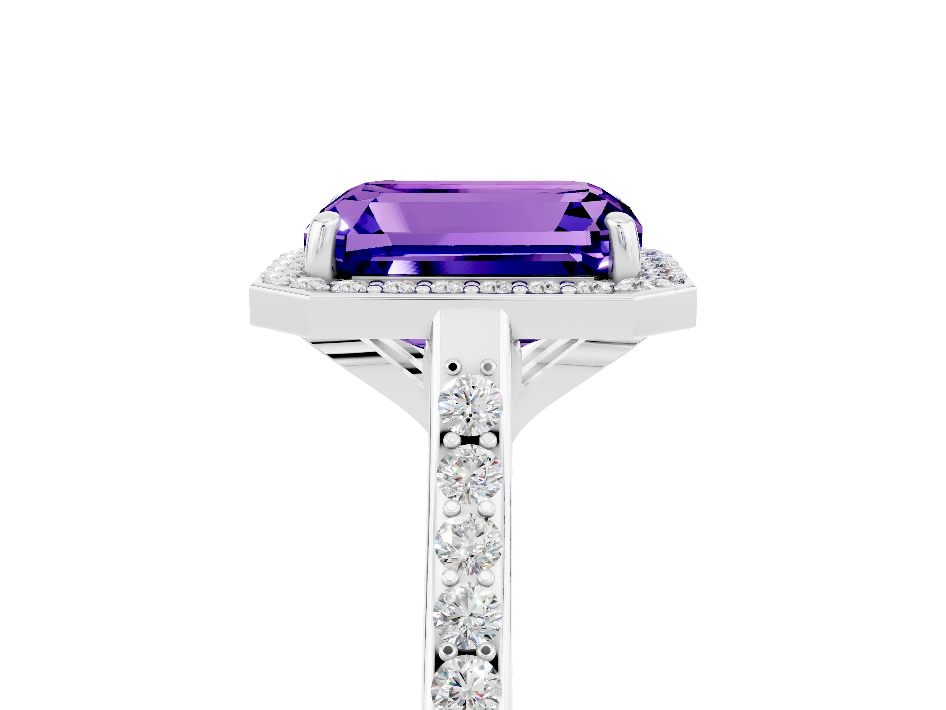 White gold Emerald Cut Halo Round Diamond Pavé Band with Four-Prong Setting_5