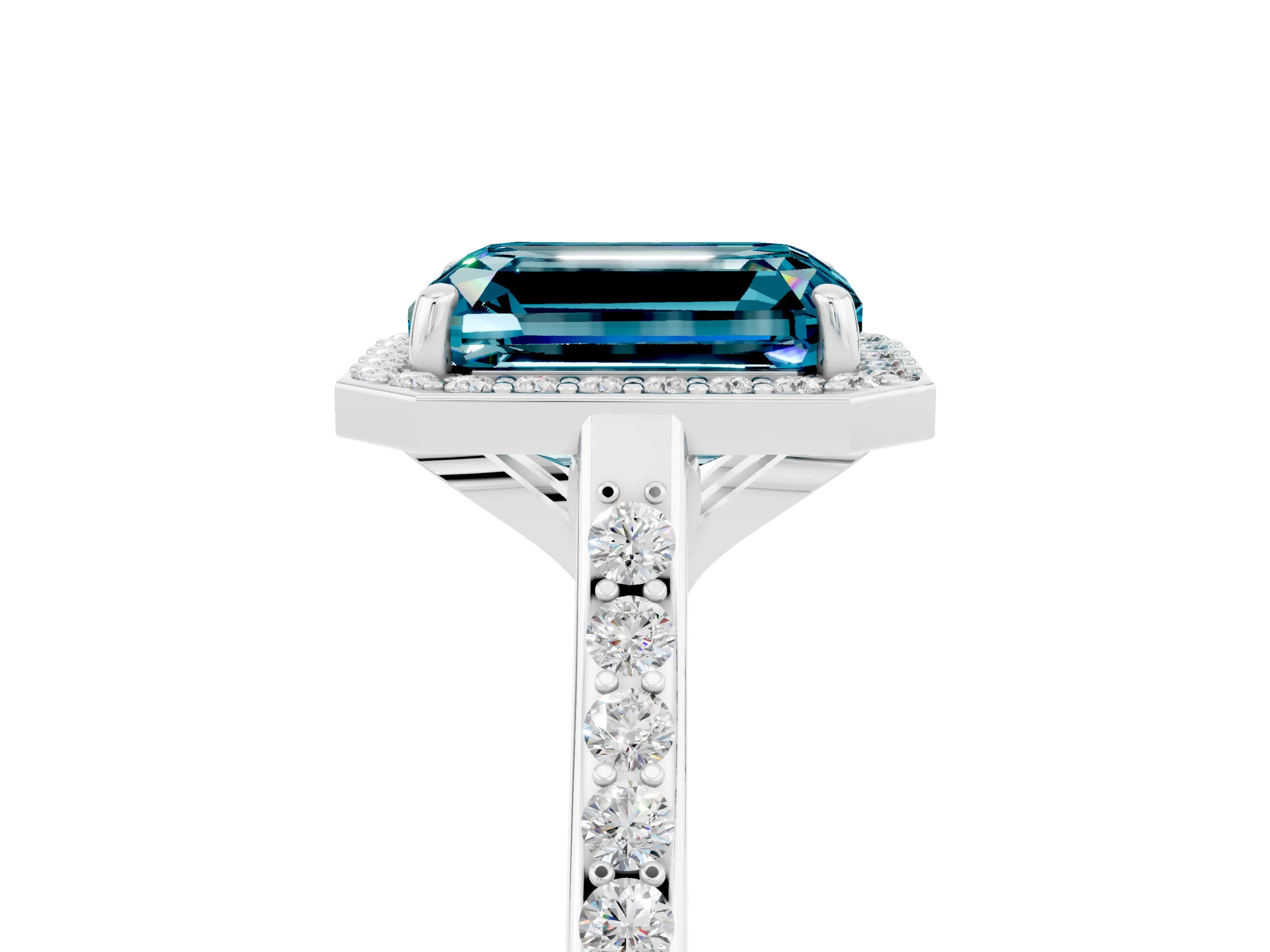 White gold Emerald Cut Halo Round Diamond Pavé Band with Four-Prong Setting_5