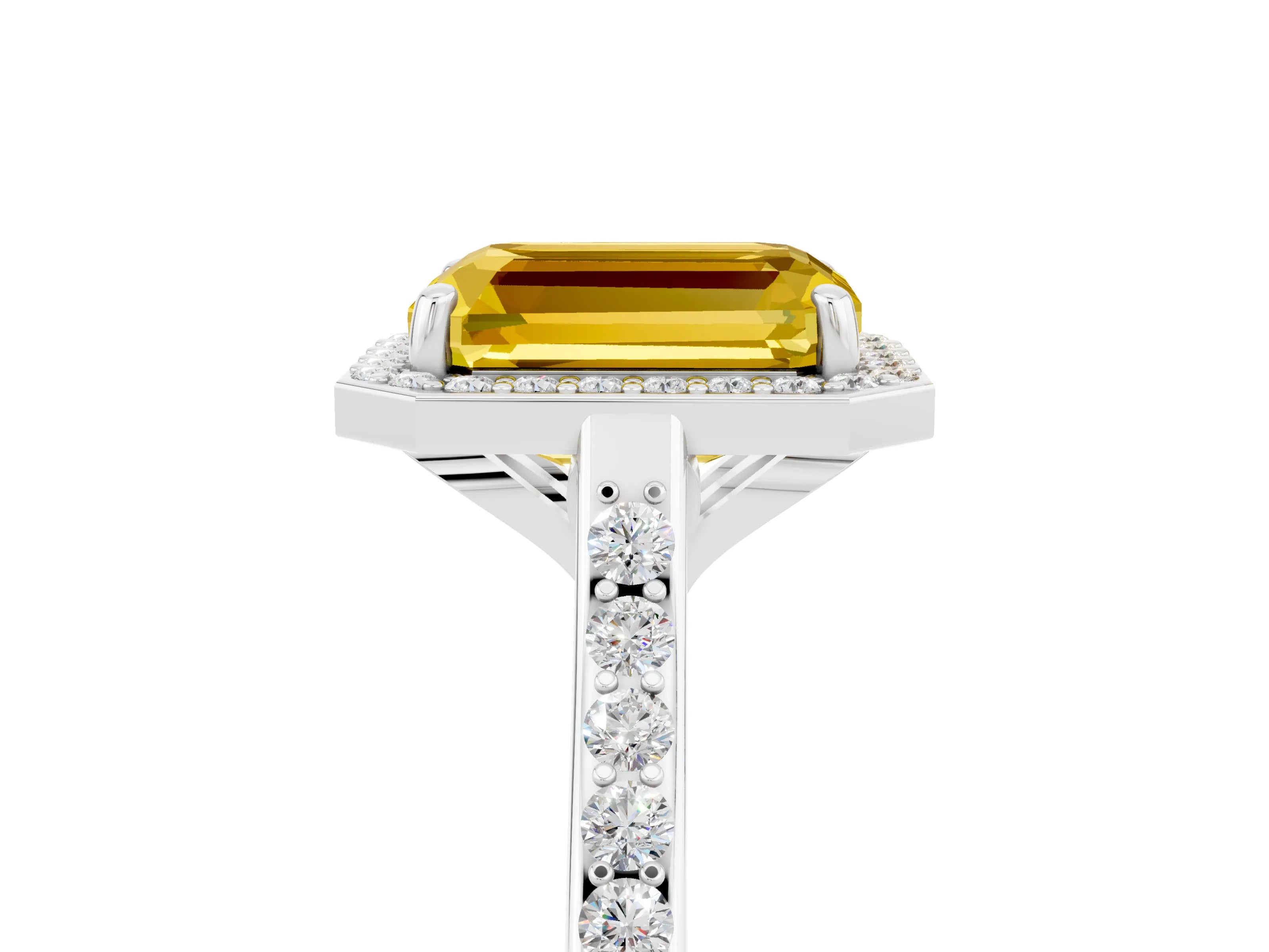 White gold Emerald Cut Halo Round Diamond Pavé Band with Four-Prong Setting_5