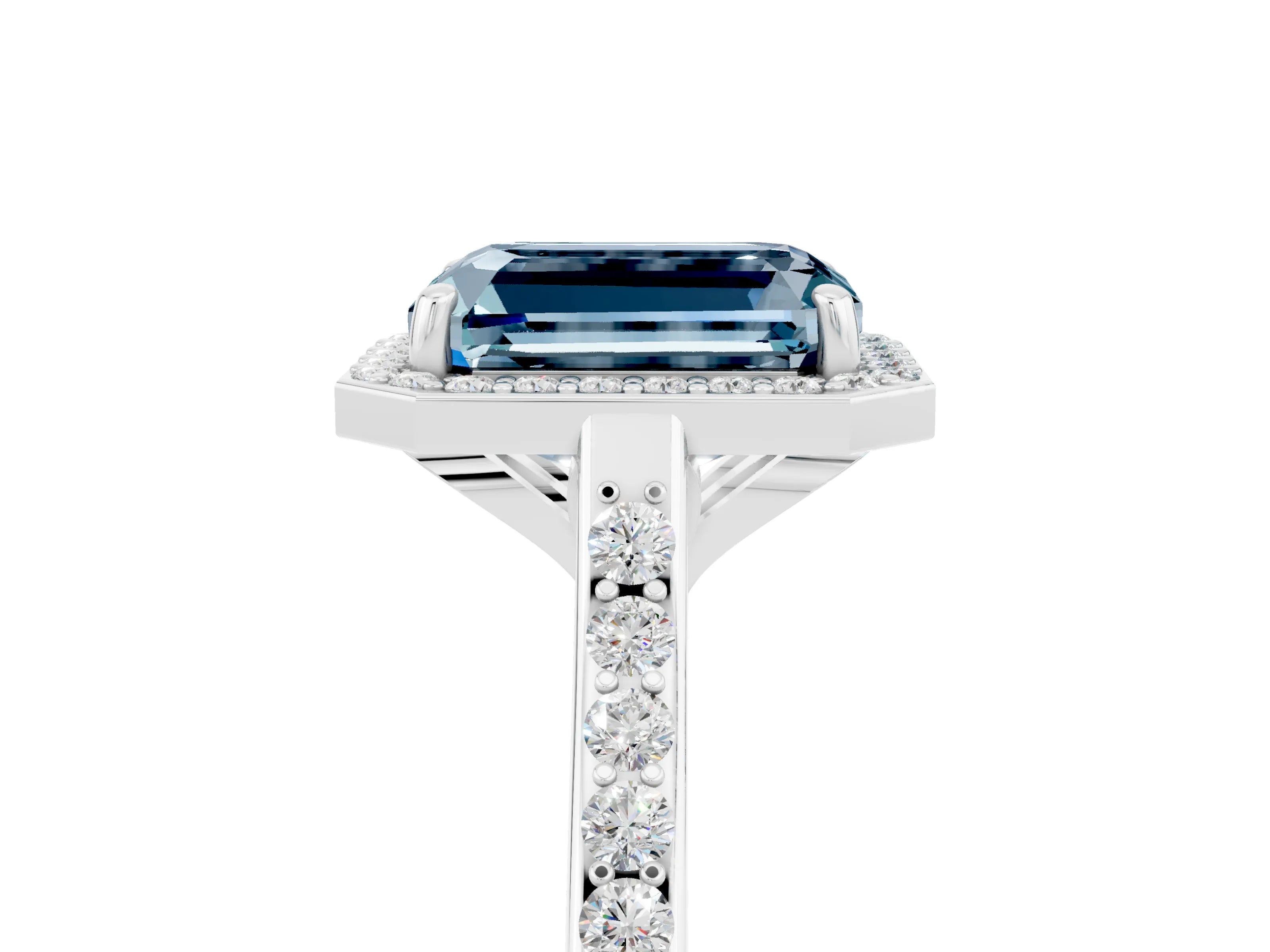 White gold Emerald Cut Halo Round Diamond Pavé Band with Four-Prong Setting_5