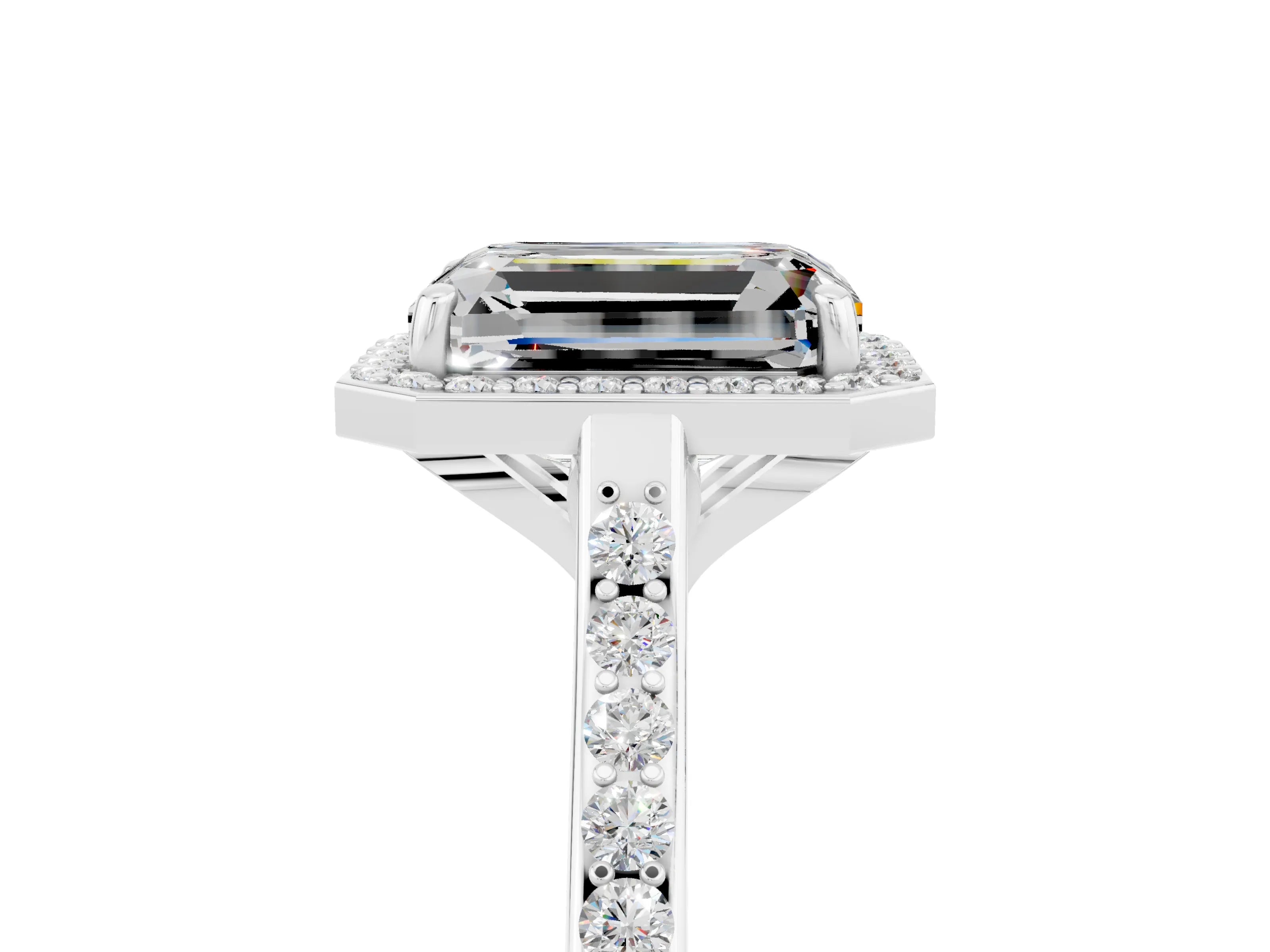 White gold Emerald Cut Halo Round Diamond Pavé Band with Four-Prong Setting_5