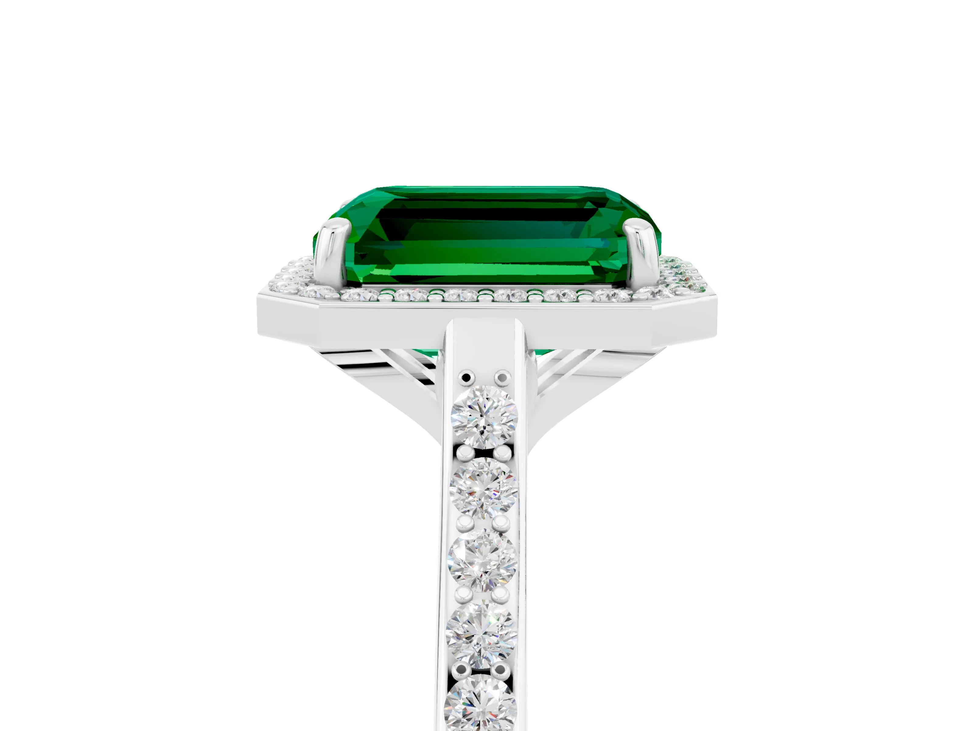 White gold Emerald Cut Halo Round Diamond Pavé Band with Four-Prong Setting_5