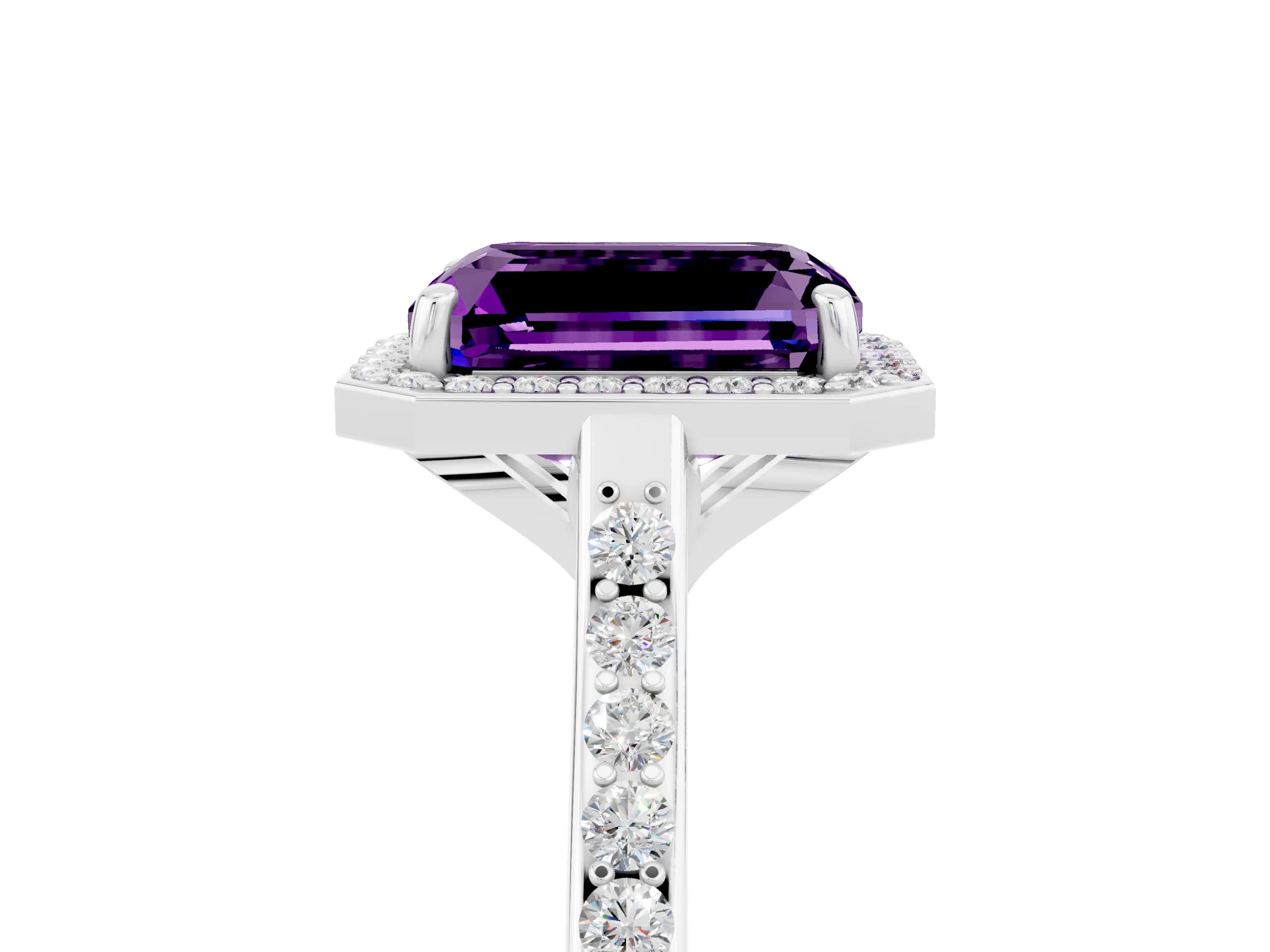 White gold Emerald Cut Halo Round Diamond Pavé Band with Four-Prong Setting_5