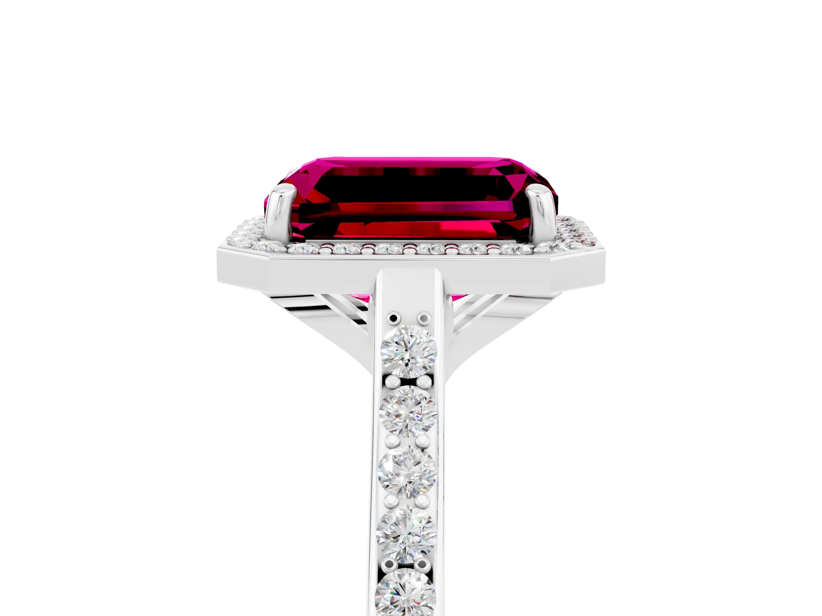 White gold Emerald Cut Halo Round Diamond Pavé Band with Four-Prong Setting_5