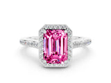 White gold Emerald Cut Halo Round Diamond Pavé Band with Four-Prong Setting