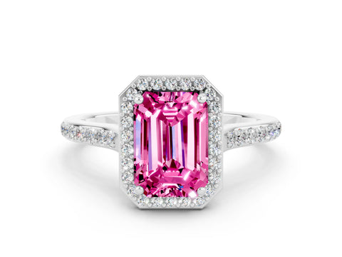 White gold Emerald Cut Halo Round Diamond Pavé Band with Four-Prong Setting