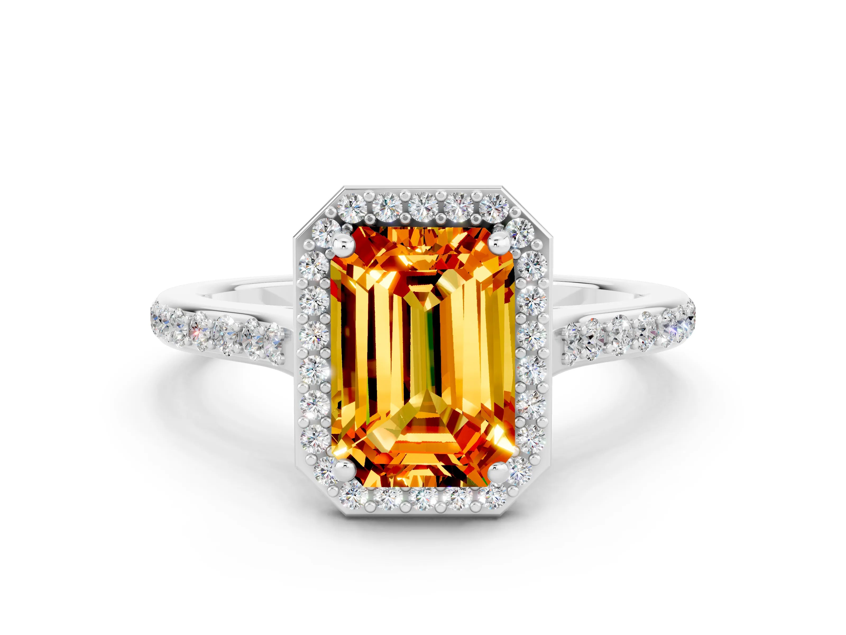 White gold Emerald Cut Halo Round Diamond Pavé Band with Four-Prong Setting