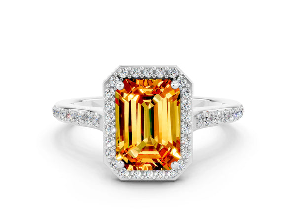 White gold Emerald Cut Citrine Halo Engagement Ring with Round Pavé Shoulders and Prong Setting