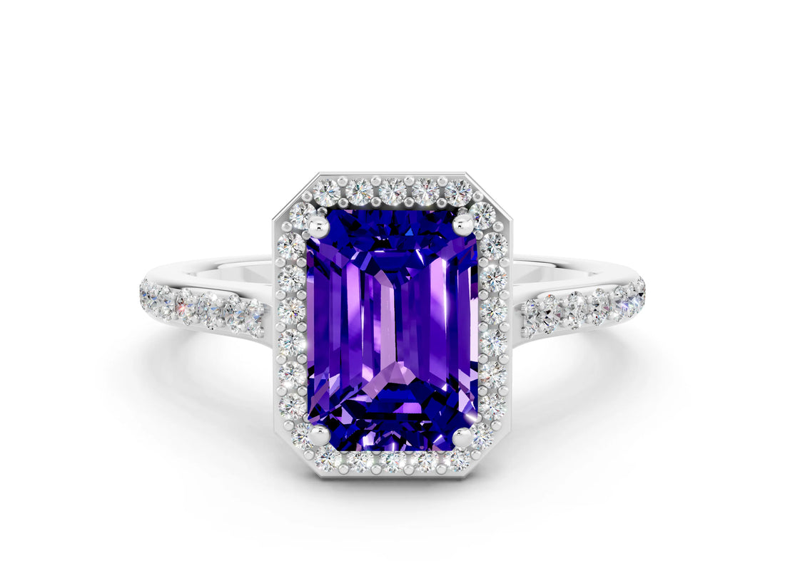 White gold Emerald Cut Halo Round Diamond Pavé Band with Four-Prong Setting