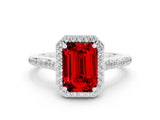 White gold Emerald Cut Halo Round Diamond Pavé Band with Four-Prong Setting
