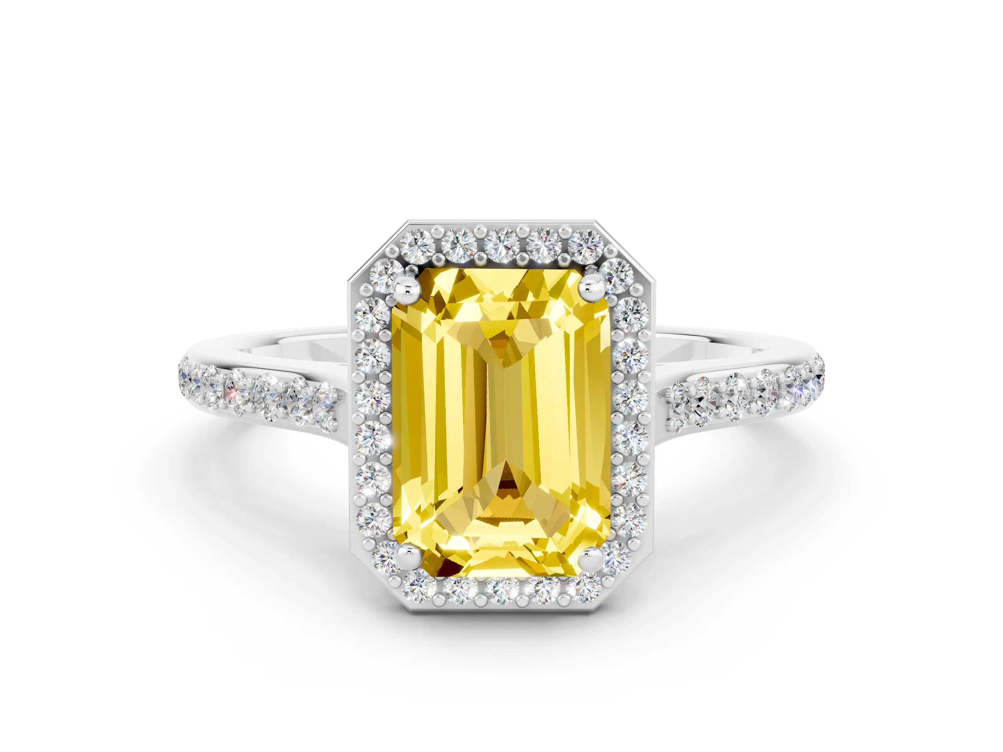 White gold Emerald Cut Halo Round Diamond Pavé Band with Four-Prong Setting