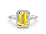 White gold Emerald Cut Halo Round Diamond Pavé Band with Four-Prong Setting