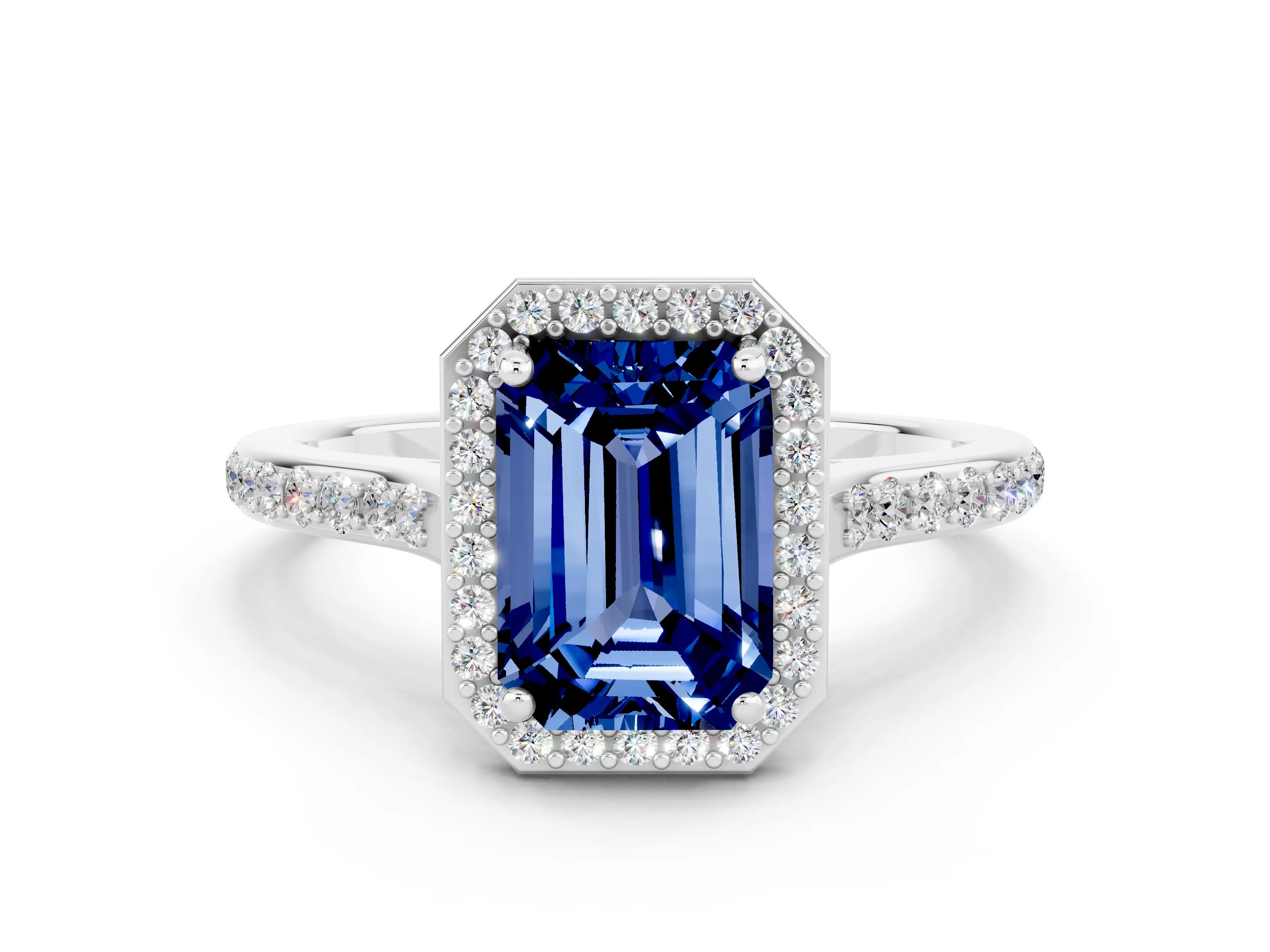 White gold Emerald Cut Halo Round Diamond Pavé Band with Four-Prong Setting