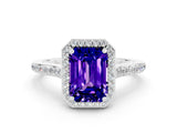 White gold Emerald Cut Halo Round Diamond Pavé Band with Four-Prong Setting