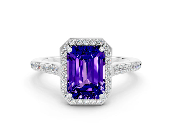 Silver Emerald Cut Tanzanite Halo Engagement Ring with Round Pavé Shoulders and Prong Setting