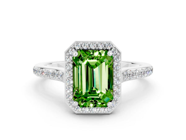 White gold Emerald Cut Halo Round Diamond Pavé Band with Four-Prong Setting