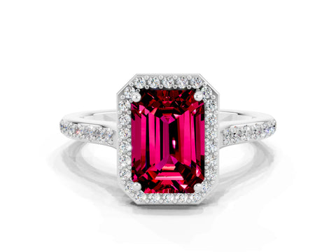 White gold Emerald Cut Halo Round Diamond Pavé Band with Four-Prong Setting