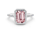 White gold Emerald Cut Halo Round Diamond Pavé Band with Four-Prong Setting