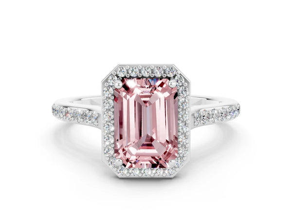 White gold Emerald Cut Halo Round Diamond Pavé Band with Four-Prong Setting
