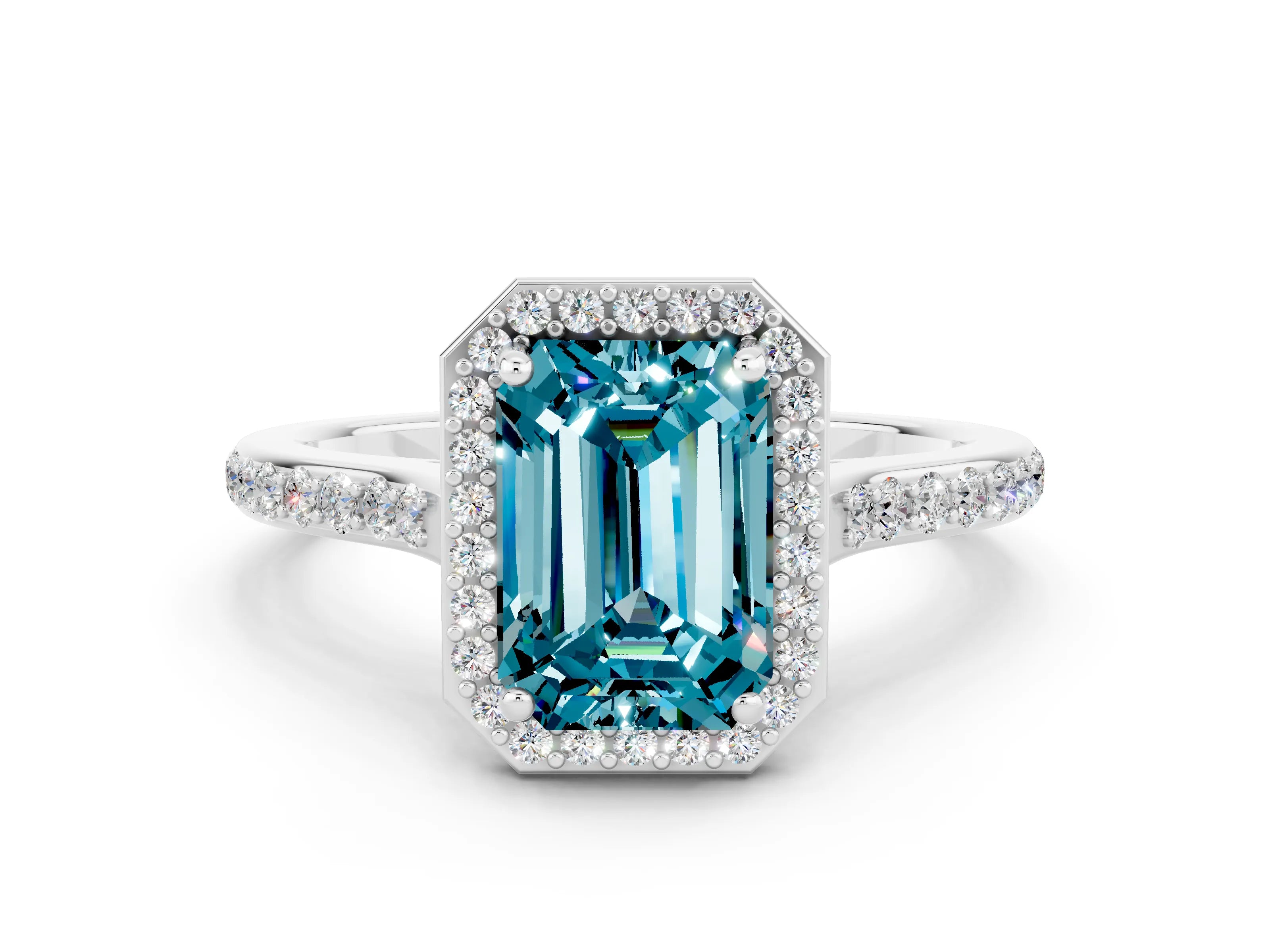 White gold Emerald Cut Halo Round Diamond Pavé Band with Four-Prong Setting