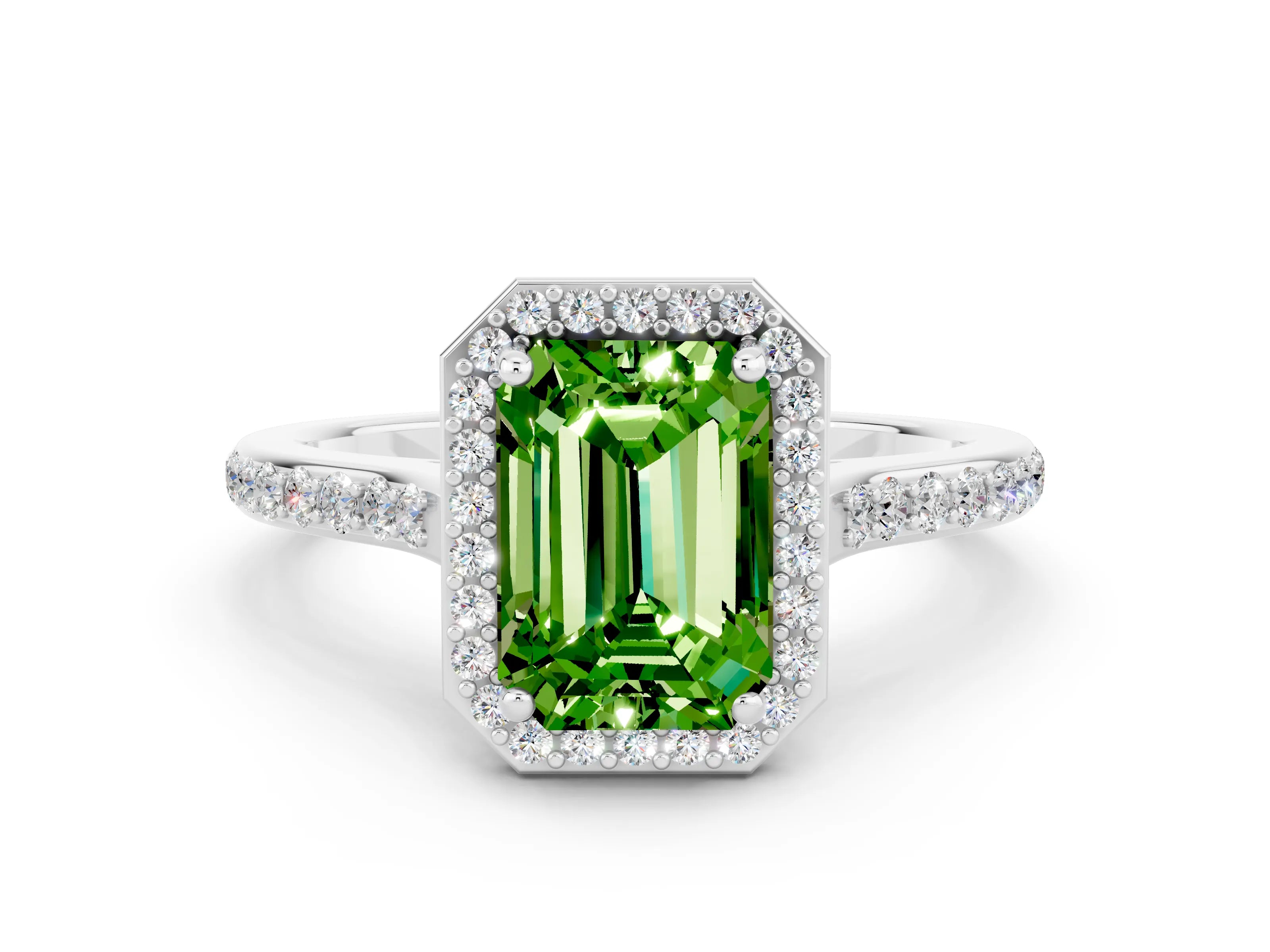 White gold Emerald Cut Halo Round Diamond Pavé Band with Four-Prong Setting