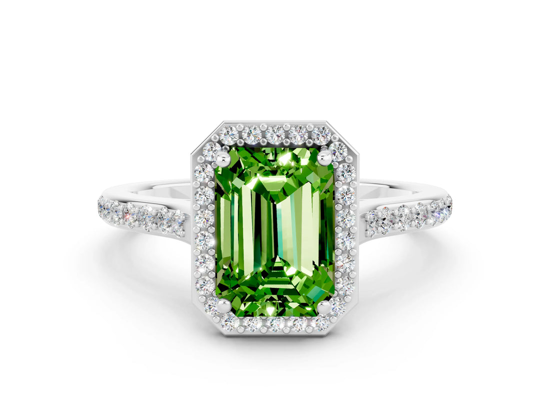 White gold Emerald Cut Halo Round Diamond Pavé Band with Four-Prong Setting