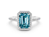 White gold Emerald Cut Halo Round Diamond Pavé Band with Four-Prong Setting