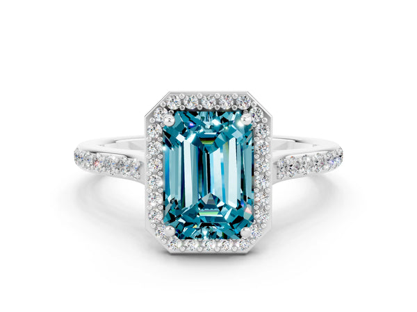 Platinum Emerald Cut Halo Round Diamond Pavé Band with Four-Prong Setting