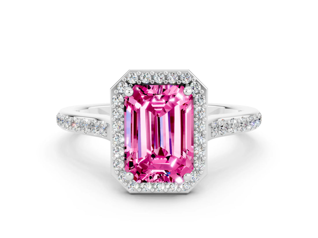 White gold Emerald Cut Halo Round Diamond Pavé Band with Four-Prong Setting