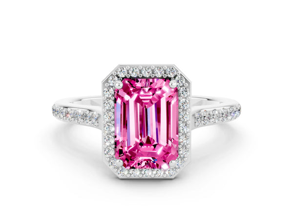 Silver Emerald Cut Pink Sapphire Halo Engagement Ring with Round Pavé Shoulders and Prong Setting
