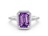 White gold Emerald Cut Halo Round Diamond Pavé Band with Four-Prong Setting