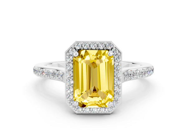 Silver Emerald Cut Yellow Sapphire Halo Engagement Ring with Round Pavé Shoulders and Prong Setting