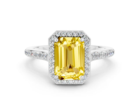 White gold Emerald Cut Halo Round Diamond Pavé Band with Four-Prong Setting