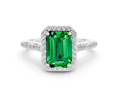 White gold Emerald Cut Halo Round Diamond Pavé Band with Four-Prong Setting